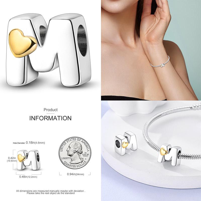 26 A-Z Alphabetperlen Kupfer Liebesbrief-Anhänger Passend für Originalmarken-Charms-Armband Zirkonia-Perle Schmuckherstellung