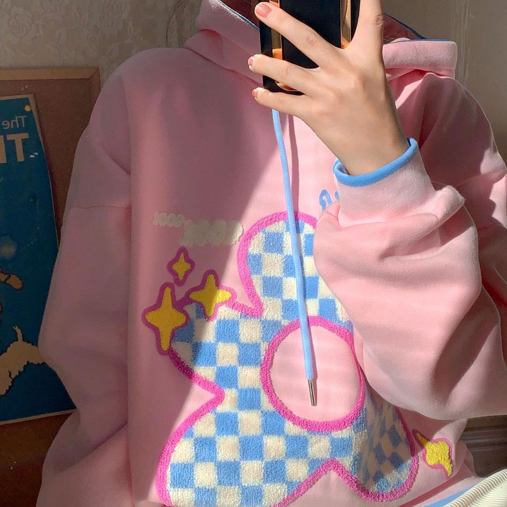 Kawaii Sweet Pink Hoodies Velvet Women Harajuku Japanese Fashion Hooded Sweatshirts Preppy Style Flower Embroidery Tops Winter Female