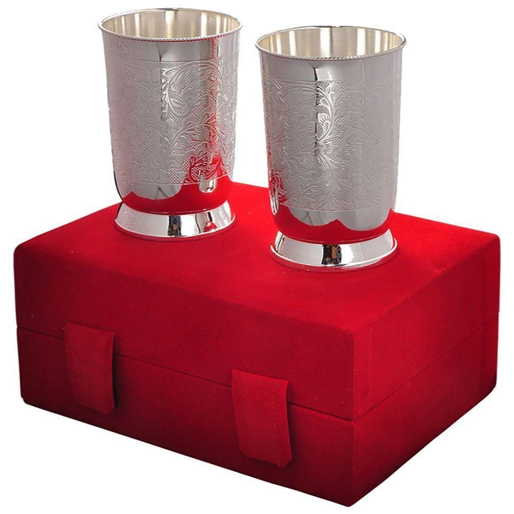 Silver Plated Embossed Glass Tumbler Water Glass for Drinking Water | Pack of 2 | Royal Look Red Velvet Box | Best for Gifting In Any Occasion