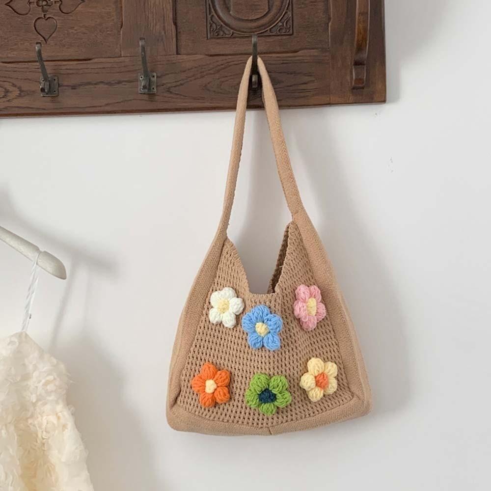 Sweet Knitted Tote Bag Breathable Seaside Vacation Handbag Storage Bag Crochet Shoulder Bag School