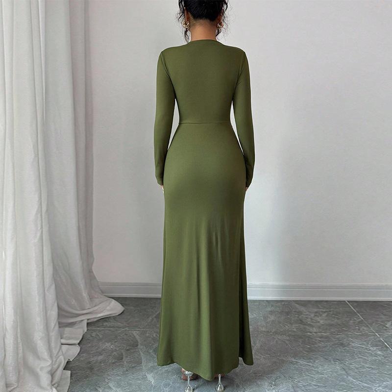 Women Spring Fall Crew Neck Long Sleeve Solid Color Full Length Bodycon Evening Party Dress