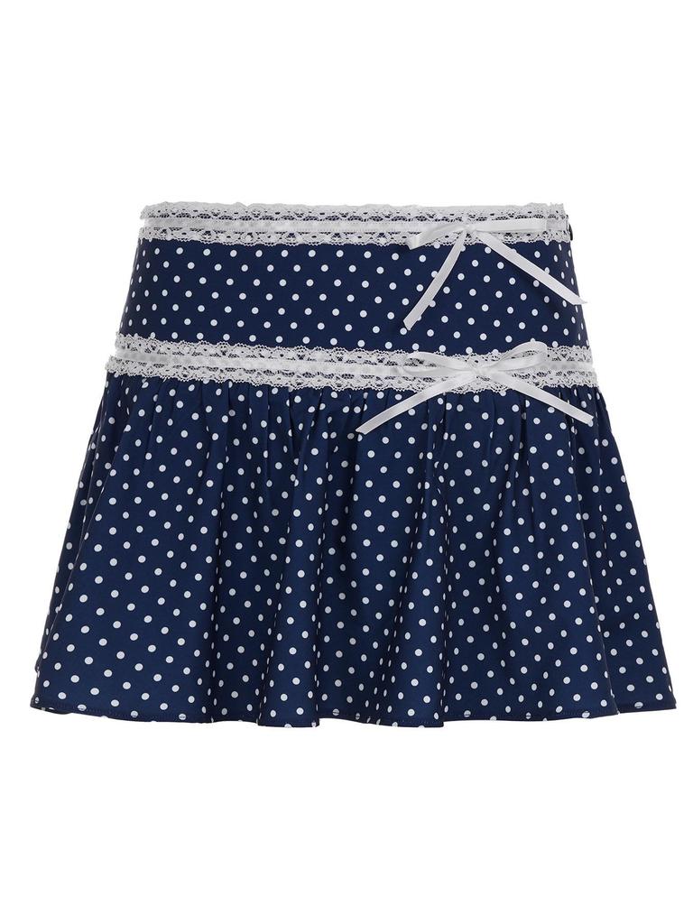 Retro Polka Dot Bow Lace Trim A-line Skirt - Summer Slimming Style