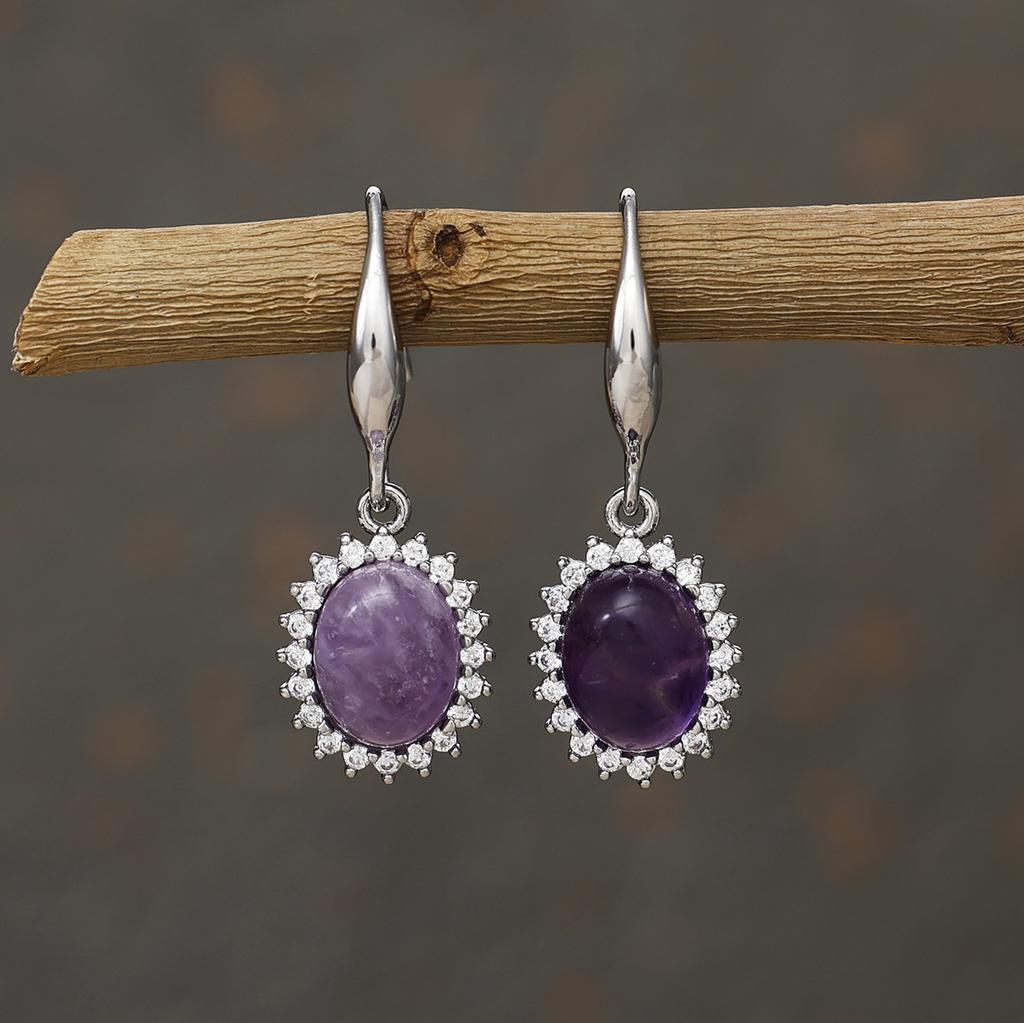 Natural amethyst earrings, retro court style sunflower zircon earrings, light luxury temperament women's earrings.