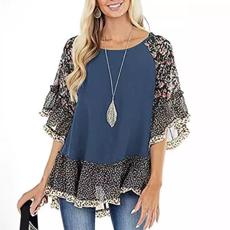 

Футболка женская весна-лето с рукавами «летучая мышь» и цветочным принтом в стиле колор-блок с леопардовым узором и средним рукавом XXXL синий