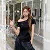 Korean black letter embroidered slanted shoulder short-sleeved t-shirt women's summer new slim-fitting and thin top