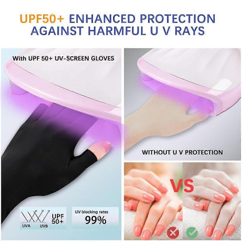 UV Protection Gloves for Gel Manicure UPF50+ Breathable Stretch with Extended Wrist Black 2 Pairs
