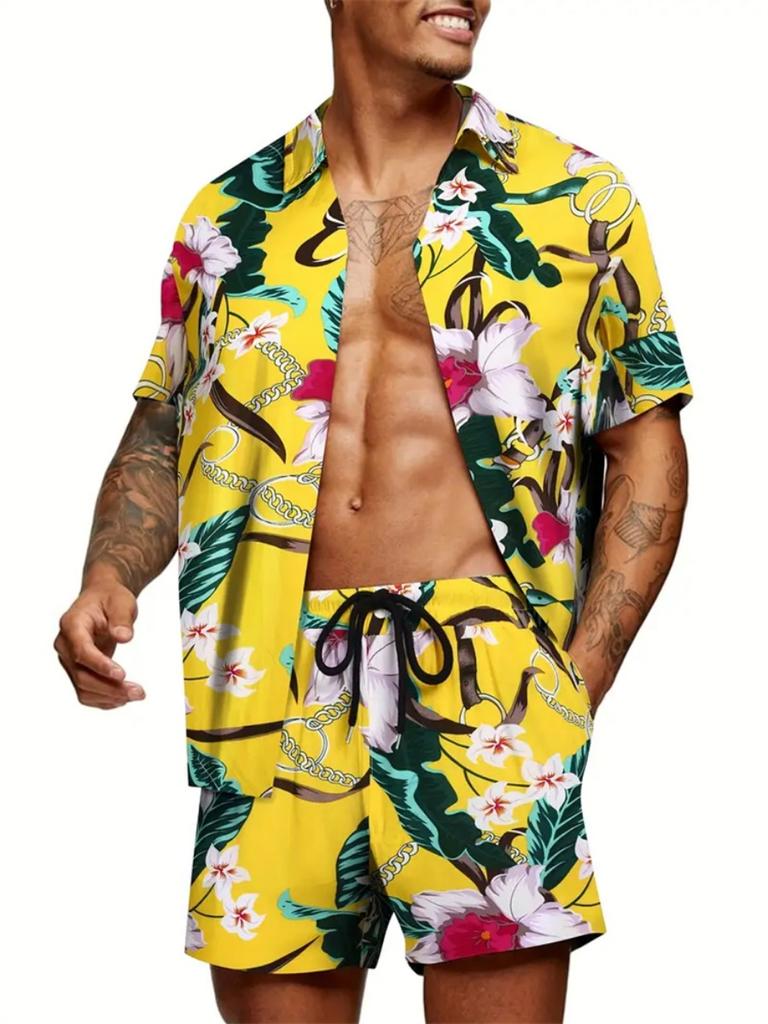 Men's New Hawaiian Short-Sleeved Shirt Shorts Set Summer Daily Travel Shirt Beach Casual Drawstring Shorts Jungle Print Set