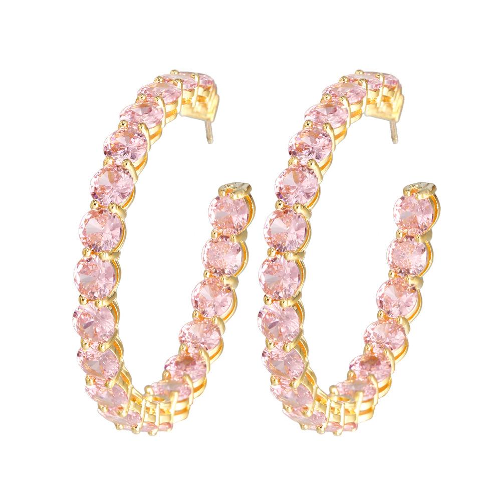 Bling Ice Luxury Designer CZ Earrings Yellow Gold Plated Pink Big Circle Hoop Trendy Heart for Women s Parties розовый