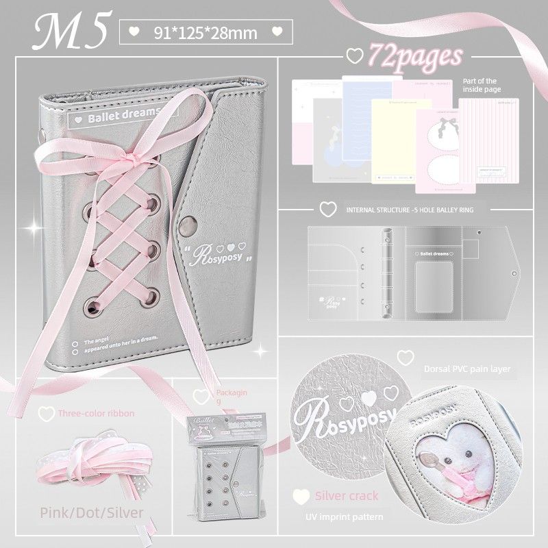 

Rosyposy Soft Strap Notebook Book 2025 New Arrival Leather Pain Book Pockets Notebook Loose-Leaf Notebook Silver