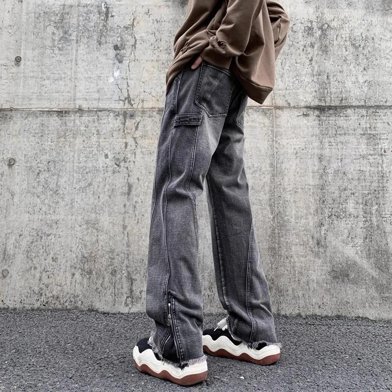 Modne Jeansy Bootcut z Zamkiem i Rozcięciem po Boku Odzież Męska Wysoki Stan Szerokie Cargo Jeansowe Spodnie Nogawka Retro Spodnie Cargo Streetwear