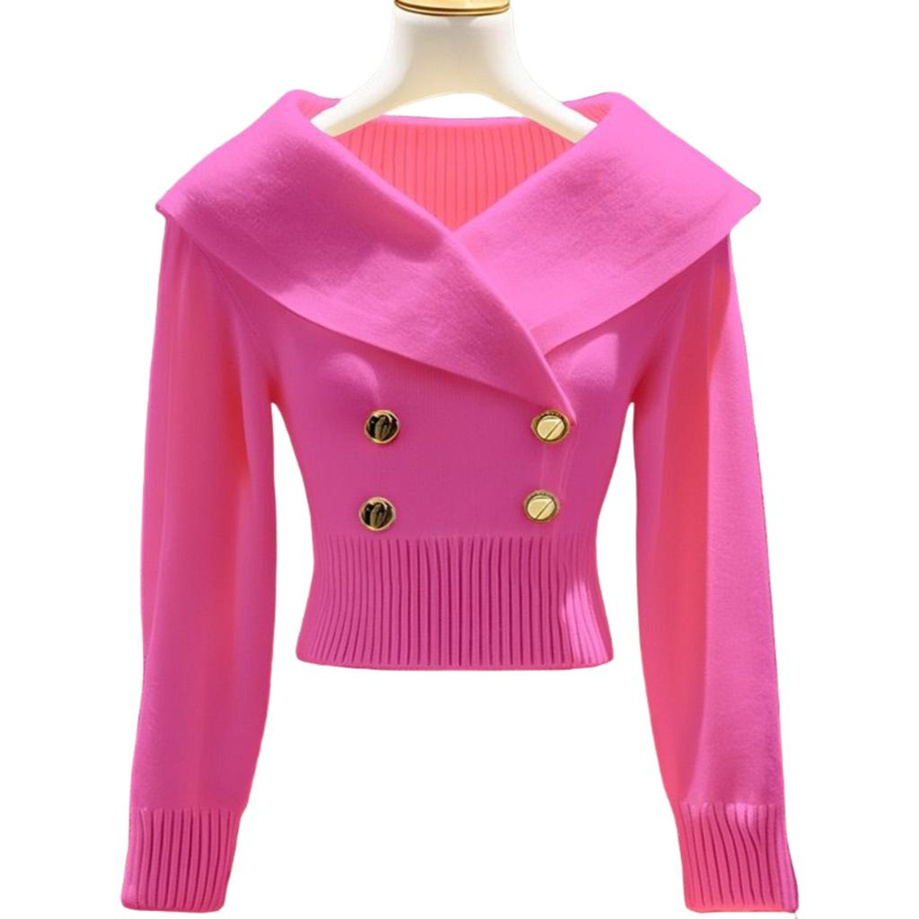 Women's Lapel Sweater Fall and Winter Solid Color Slim Knit Sweater Stretch Pullover Knitted Sweater