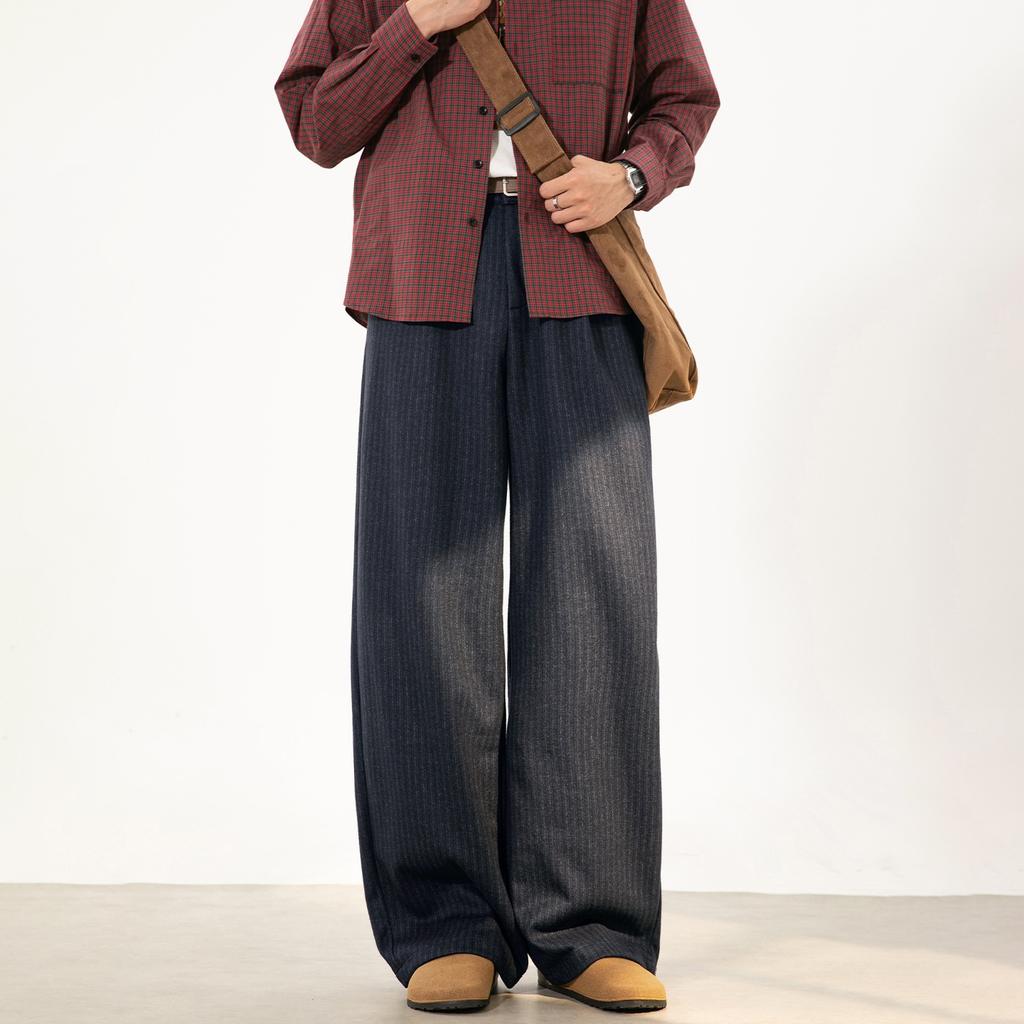 | Imitation woolen texture drape pants men's autumn heavy loose casual pants retro vertical striped long pants