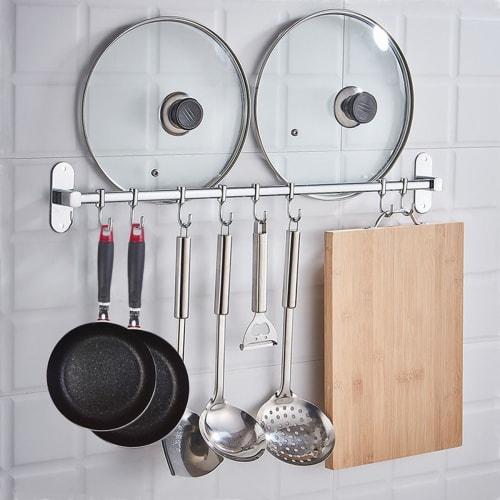 Tengfey Kitchen Tool Hooks, Wall-Mounted, Strong Adhesive/Screw Mounting, Waterproof, 59.5cm / 50cm / 40.5cm, with 8/7/6 Hooks, Stainless Steel, Cookw