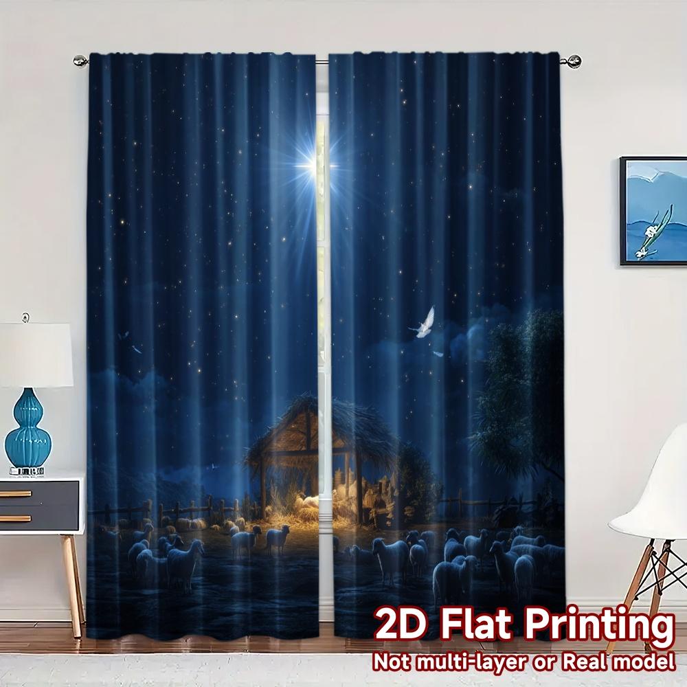 

Set Of 2 Modern Flat Printing Curtains Without Rod Bethlehem Night Fashionable Polyester Gifts Curtain Made W100*H70(CM)-Hooks&1PCS