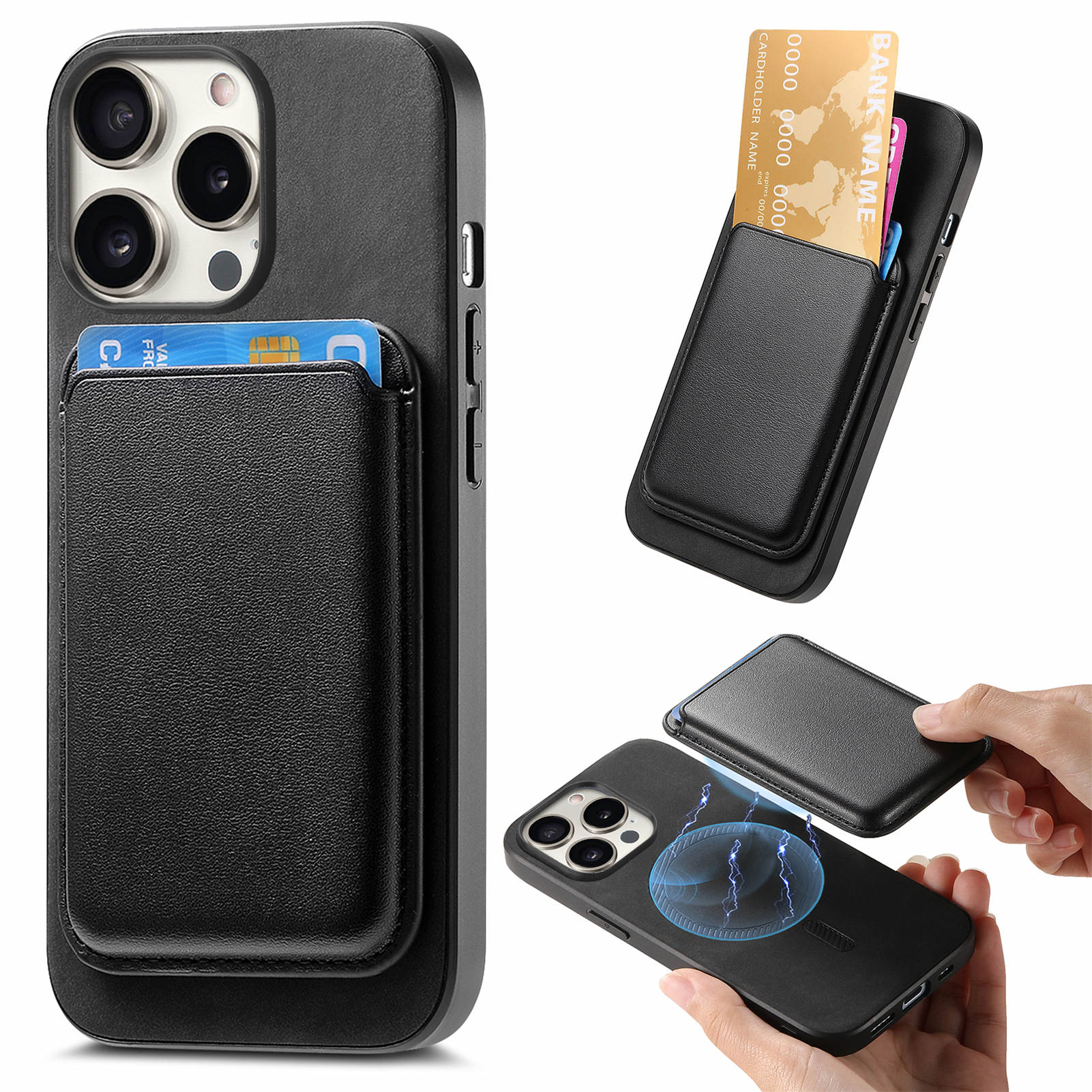 

B2 For iPhone 16 Pro Case Detachable Magnetic Card Bag Leather+TPU Phone Cover Black
