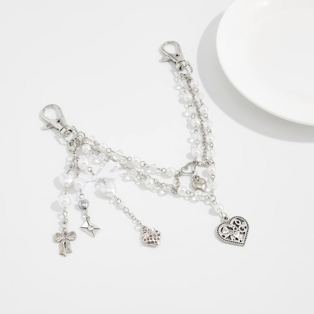 Sweet And Cool Imitation Pearl Beaded Bag Pendant, Creative Love Bow Fringed Bag Chain Pendant