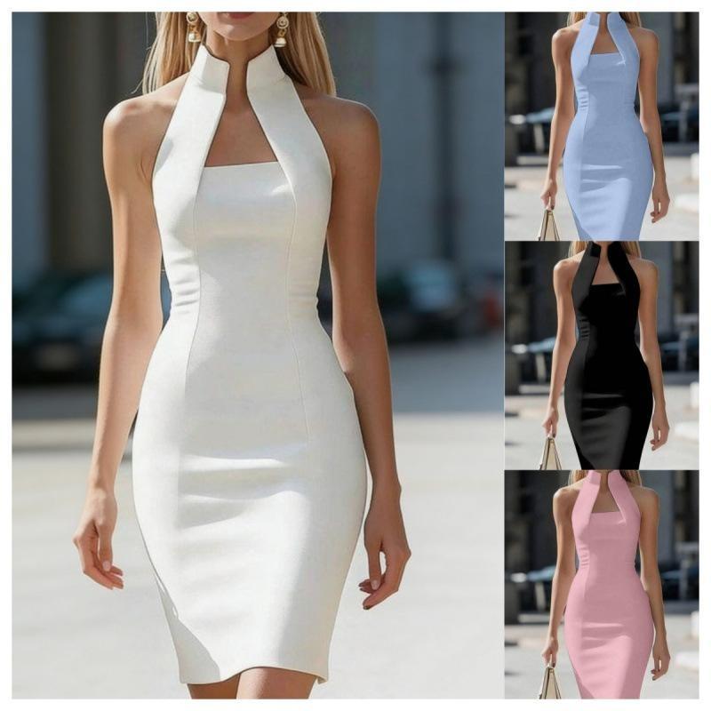 Women High Neck Sleeveless Slim Fit Bodycon Midi Dress For Banquet Party