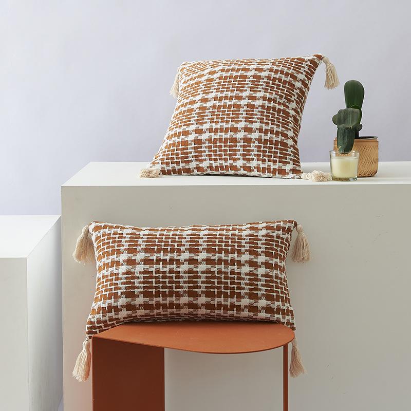 Houndstooth Two-color Woven Pillow Polyester-cotton Tassel Double-sided Office Fashion Ins Style Sofa Cushion Pillow Cover