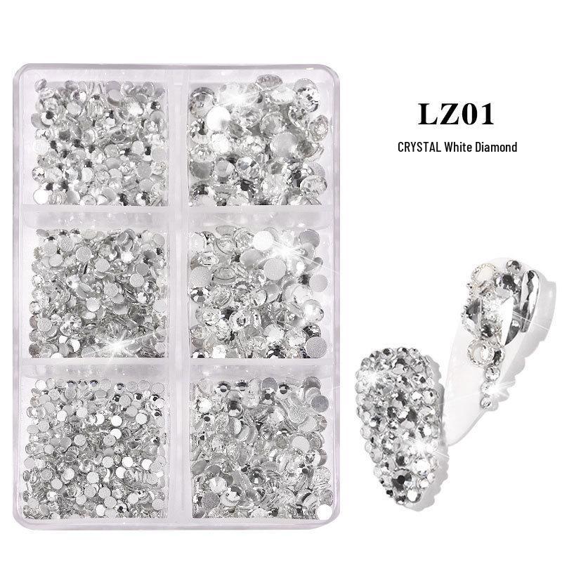 

AB Porcelain White & Champagne Rhinestones Nail Art Kit: Flat-Bottom Rhinestones, 6 Grids, Stickers, DIY Accessories