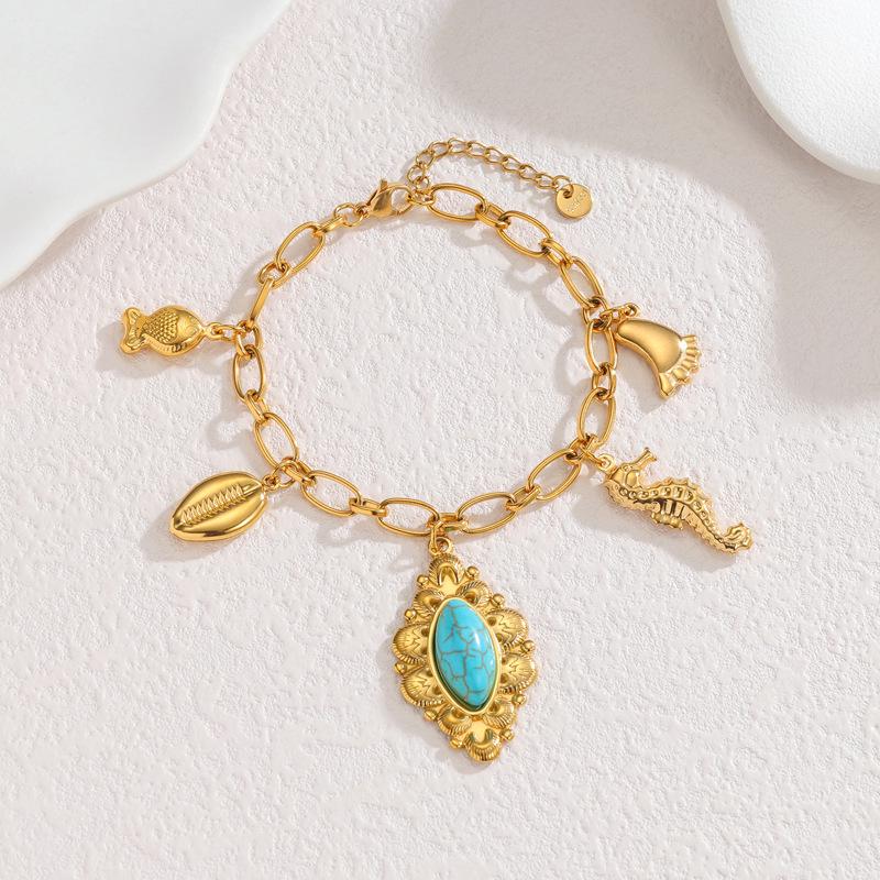 18k Gold Turquoise Pendant Bracelet - Retro Style with Stainless Steel Niche Design