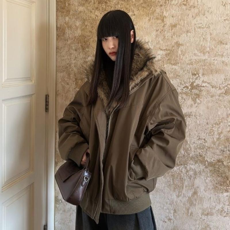 Vintage Solid Fur Collar Hooded Sweatshirt Autumn Winter Zipper Y2K Retro Fleece Jacket Harajuku Plush Dark Fashion Outfits 2025