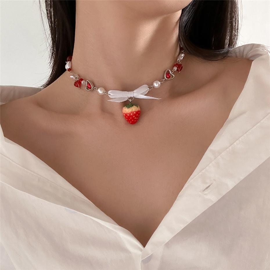 Ingemark Kpop Sweet Imitation Pearl Chain Strawberry Pendant Necklace for Women Wed Bridal Love Heart Choker Aesthetic Jewelry