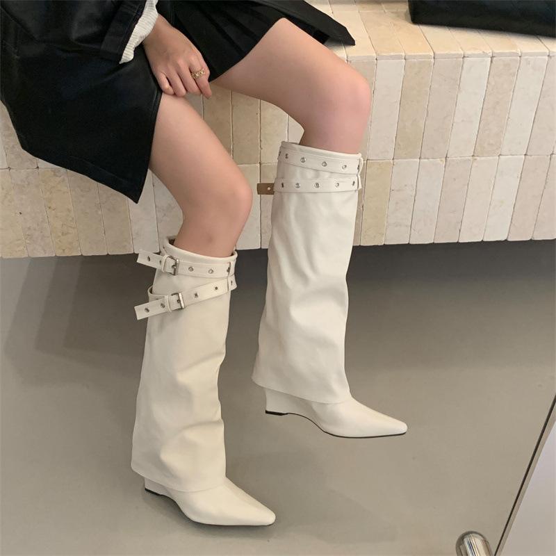 2025 European and American Pointed Wedge Heel Straight Pants Tube Boots White Belt Buckle High Boots But Knee Boots Sweet Cool Western Boots