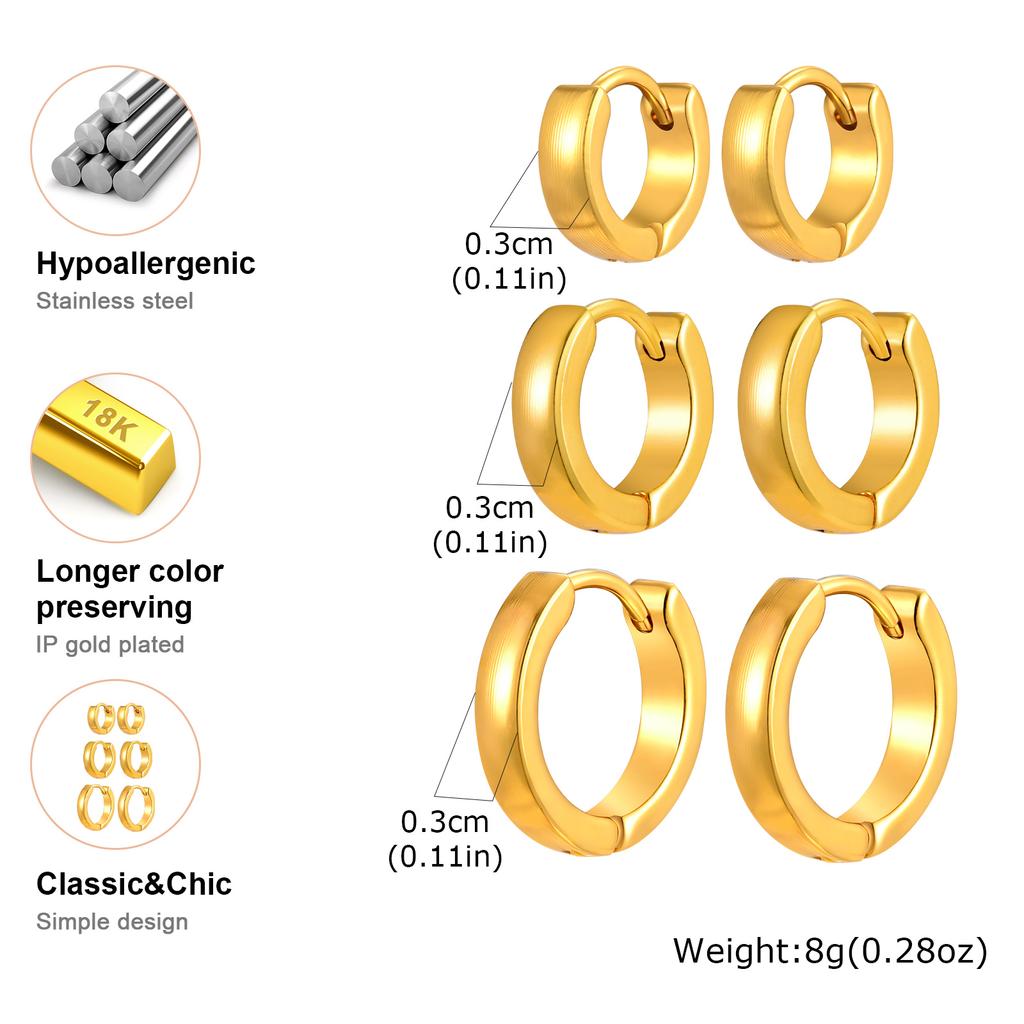 3pcs C-shaped Hoop Earrings for Women,Gold Plated Stainless Steel Earrings,High Polish Geometric Jewelry Gifts