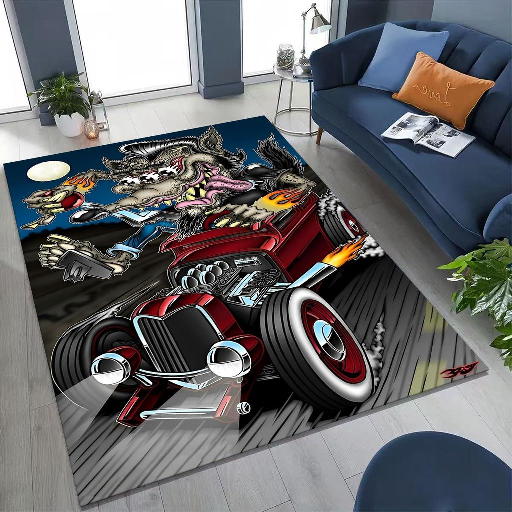 3D Rebellious RAT FINK Auto's Bord Cartoon Vloerkleed voor Slaapkamer Woonkamer Bank Huis Deurmat Decoratie, Groot Kinder Speel Antislip Vloermat
