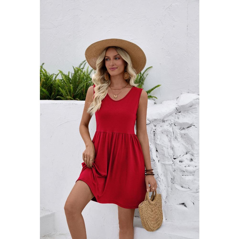 Women's Casual V Neck Sleeveless A-Line Tank Dress with Ruched Waist for Summer Beach