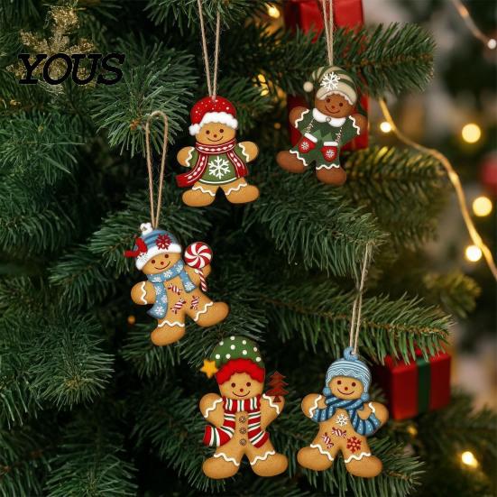 Holiday Scene Layout Accessories Gingerbread Man Wooden Pendant for Christmas Tree Decoration, Rustic Xmas Hanging Traditional Crafts Ornaments