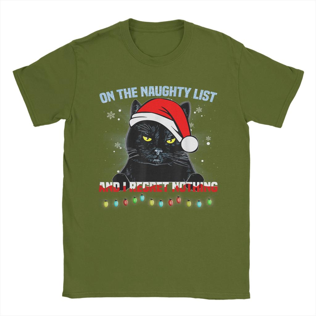 On The Naughty List And I Regret Nothing Cat Christmas T-Shirts Men Funny Tee Shirt Crewneck Short Sleeve Clothing
