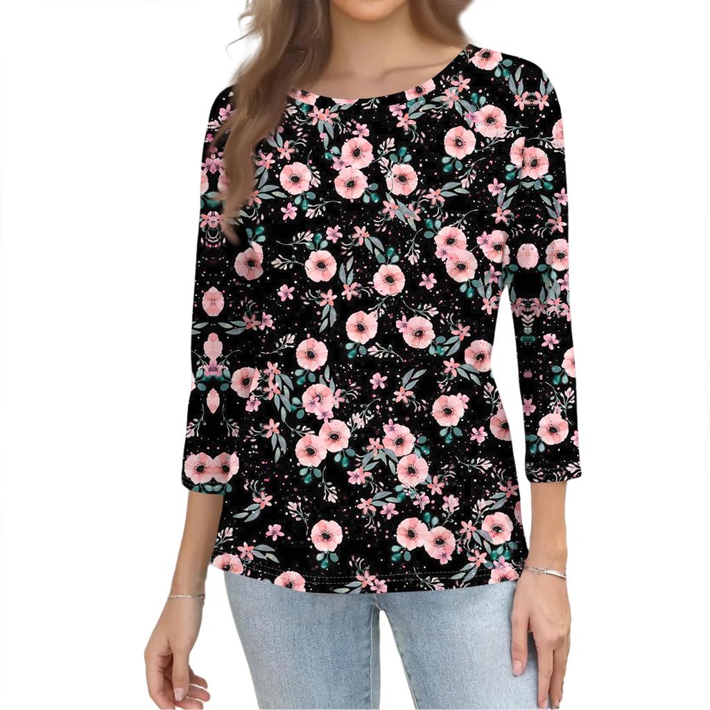 Women's Fashion Casual Round Neck 3/4 Sleeve Loose  Printed T-Shirt Ladies Top