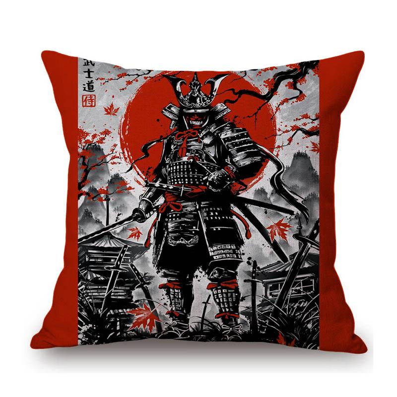Japanese Ink Painting Geisha Samurai Spirit Tattoo Black Red Sakura Sushi Store Decoration Throw Pillow Case Linen Cushion Cover