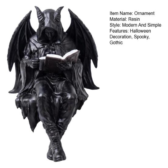 Yousheng Halloween Reading Book Skeleton Figurine, Spooky Reading Devil Resin Sculpture, Gothic Black Robe Grim Reaper Statue for Home