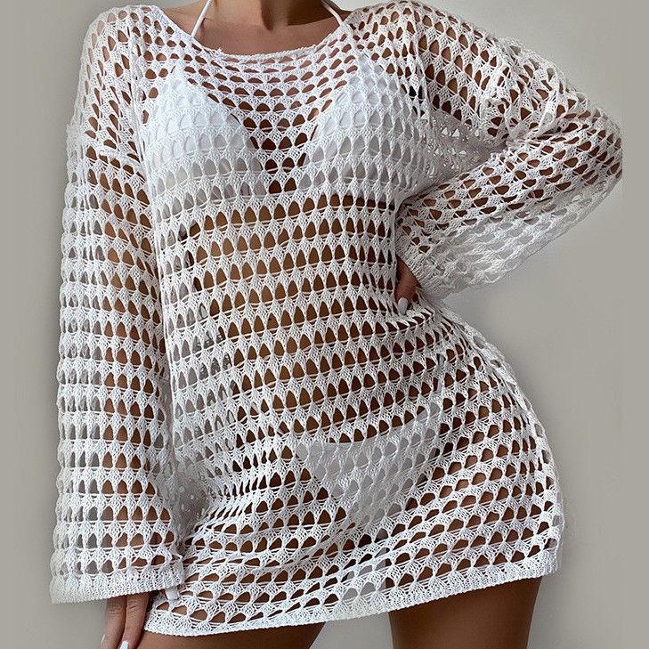 

Ажурный вязаный свитер, сексуальный купальник-бикини, солнцезащитная рубашка для женщин в отпуске, свободный пуловер, пляжный чехол для ношения на открытом воздухе L