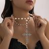 Multiple Layers Fold Wear Imitation Pearl Chain Beaded Gothic Cross Pendant Necklace  for Women Retro Punk Collar Jewelry Gifts