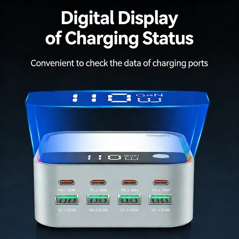120W Desktop Charger USB Universal Multi-Port PD Fast Charger with Multi-Color Ambient Lighting Display for Mobile Phones Laptop