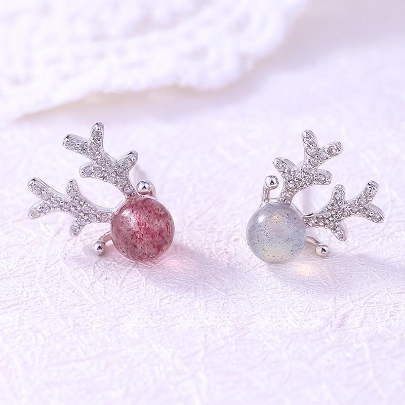 

S925 Silver Reindeer Stud Earrings with Strawberry Quartz and Moonstone Christmas Jewelry. Strawberry Quartz Studs [with rubber backs]