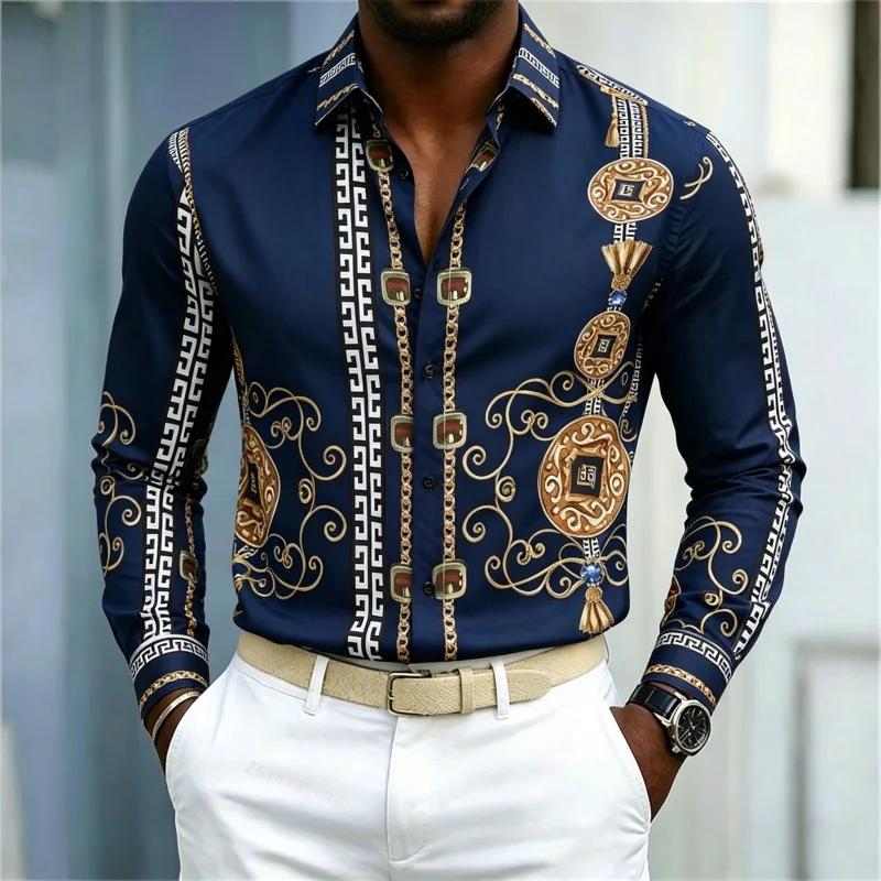 Luxury Ornate Patterned Long Sleeve Shirt, Stylish Formal-Casual Wear For Men
