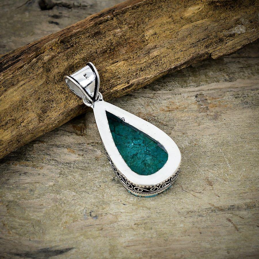 Tibetan Turquoise Gemstone 925 Sterling Silver Jewelry Pendant 2.17" M-37