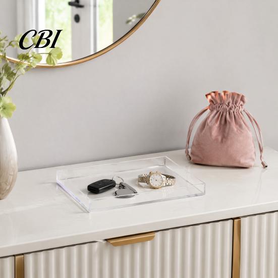 Organizing Tray for Toiletries Clear Acrylic Decorative Tray, Modern Rectangular Vanity Space Stylish Tabletop Organizer Saving Jewelry And