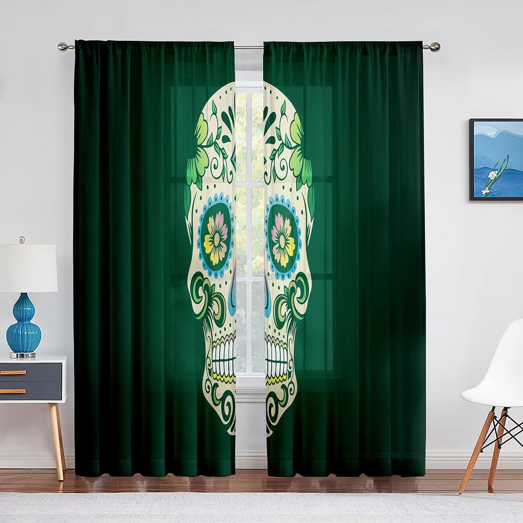 Czaszka Kwiatowy Szkielet Kolorowe Kwiaty Przezroczysta Woalowa Zasłona do Salonu Sypialni Draperia Okienna Kuchenna Szyfonowa Tiulowa Zasłona