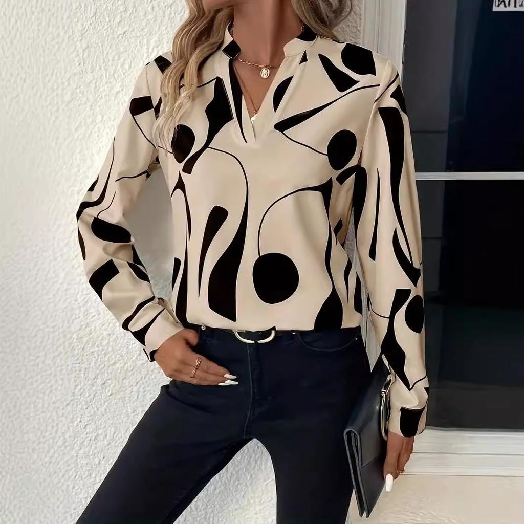Women's Elegant V-Neck Shirt Casual Print Long Sleeve Shirt for Spring