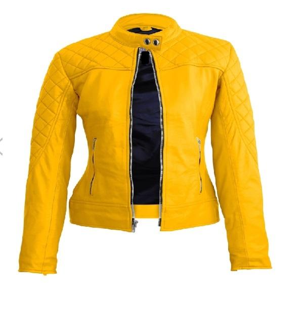 Noora Yellow Women's Biker Leather Jacket | Quilted Motorcycle Biker Jacket |