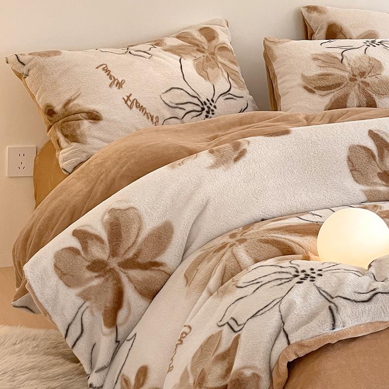 Rabbit Fleece Four-Piece Set, Thickened Milk Fleece Quilt Cover, Coral Fleece Bed Sheet Quilt Cover, Fleece Bedding