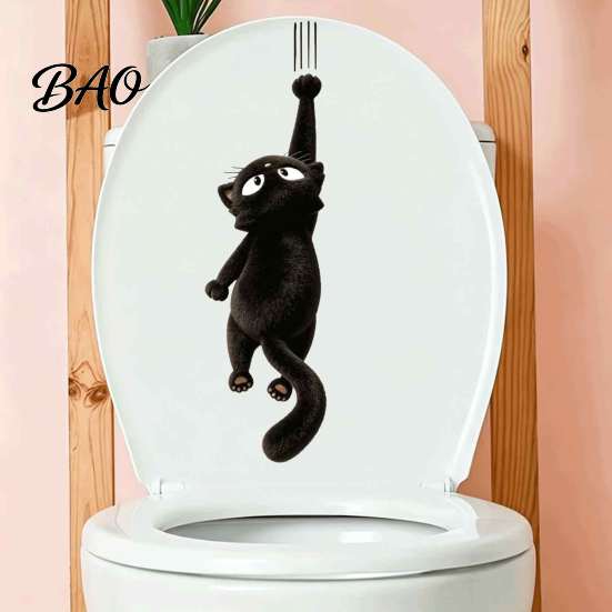 Self Adhesive PVC Decals Furry Black Cat Toilet Seat Sticker, Waterproof Bathroom Decal, Removable Humorous Wall Decor Cute Animal Art for Tank