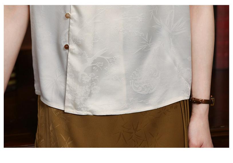 2026 Women's New Chinese Style Stand Collar Jacquard Shirt - Versatile Dark Floral Retro Chiffon Design