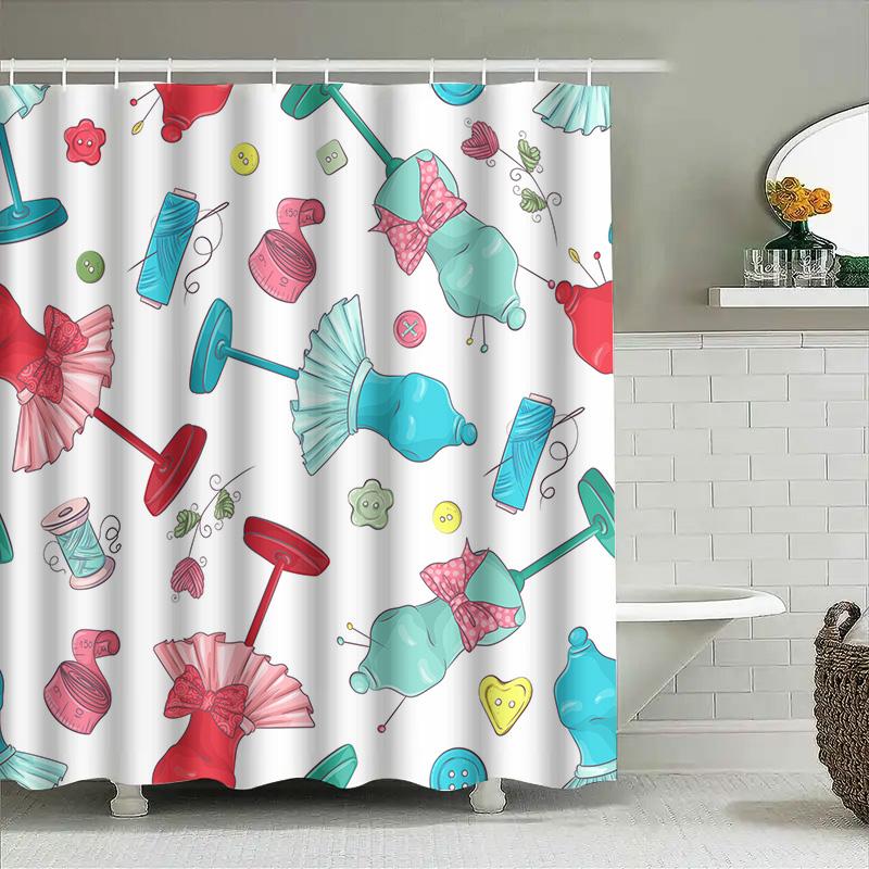 Colorful Sewing Pattern Shower Curtain With Pincushion And Needles Washable Fabric Waterproof Liner For Bathroom Decorations