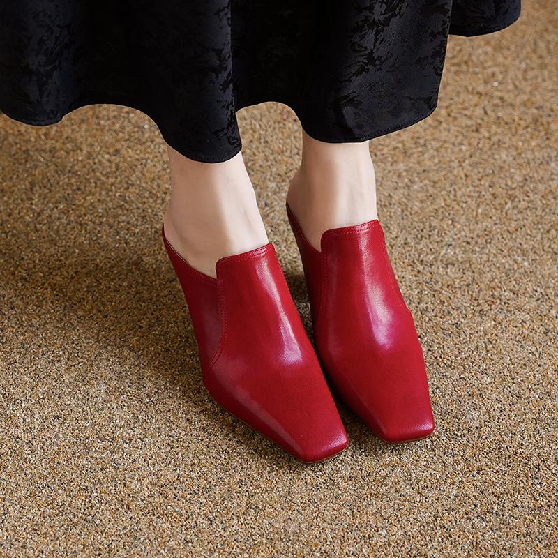 Fashion 2025 Summer New Baotou Half Slippers Women Wear Muller Shoes Thick Heel High Heel Sandals Women's Slippers Genuine Leather Shoes